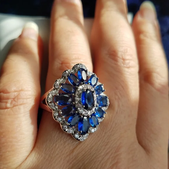 Swarovski Elements Blue Sapphire 925 Sterling Silver Statement Ring NEW - Picture 7 of 10